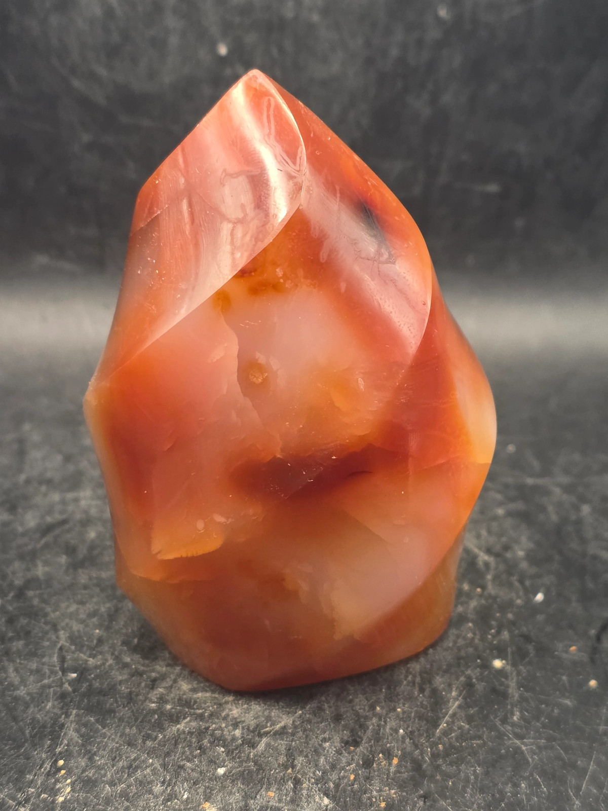 Carnelian agate flame tower! 10 ounces, 3.2 inches tall, 2.2″ wide!