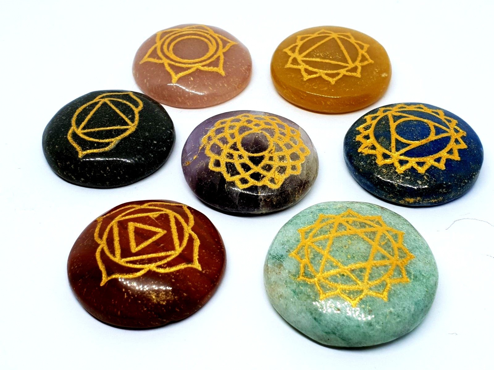 7 Chakra Gemstone Set Genuine Crystal Healing Reiki Round Set Carved Stone & Bag
