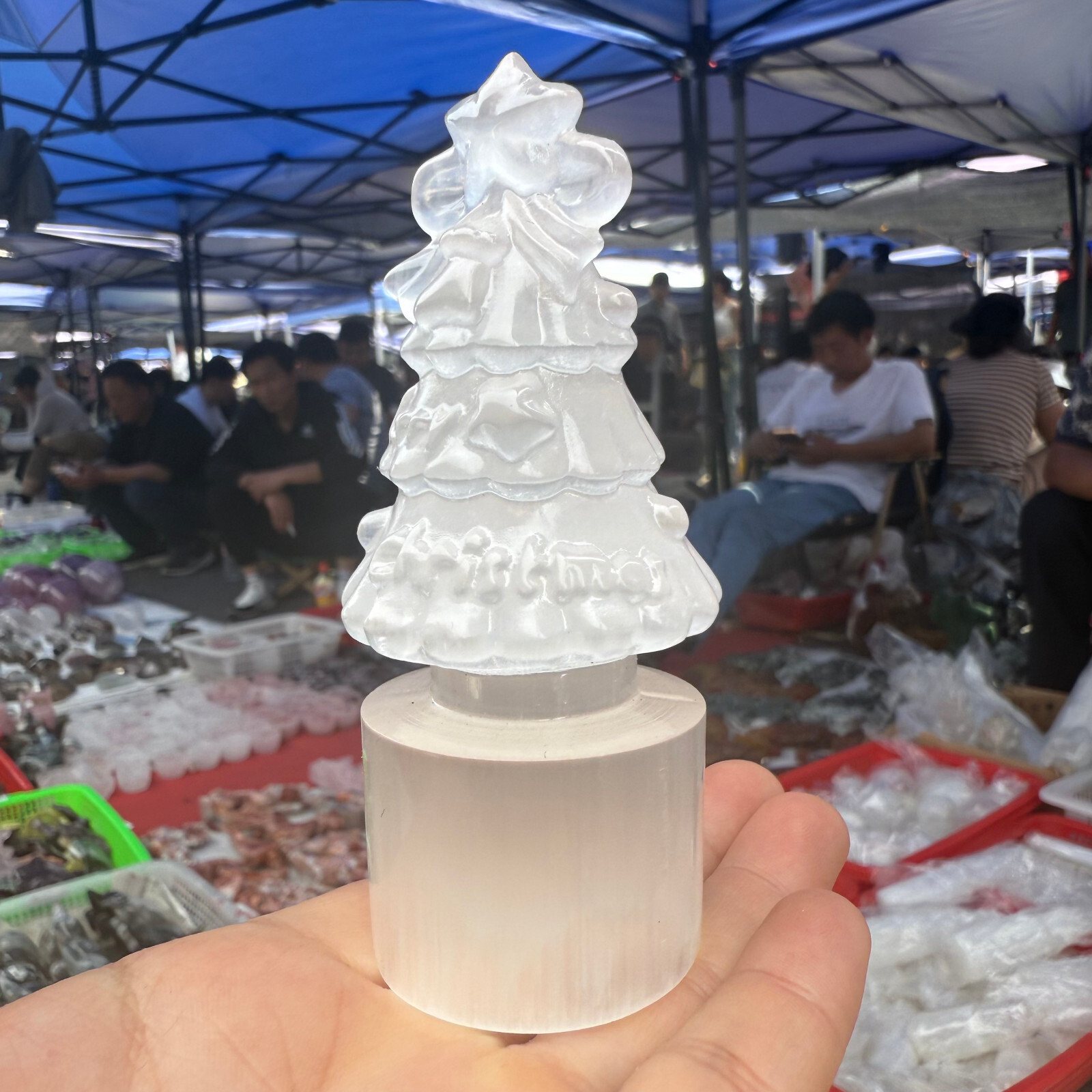 3.8″Natural White stone paste Christmas tree Quartz Crystal Carved Reiki Healing