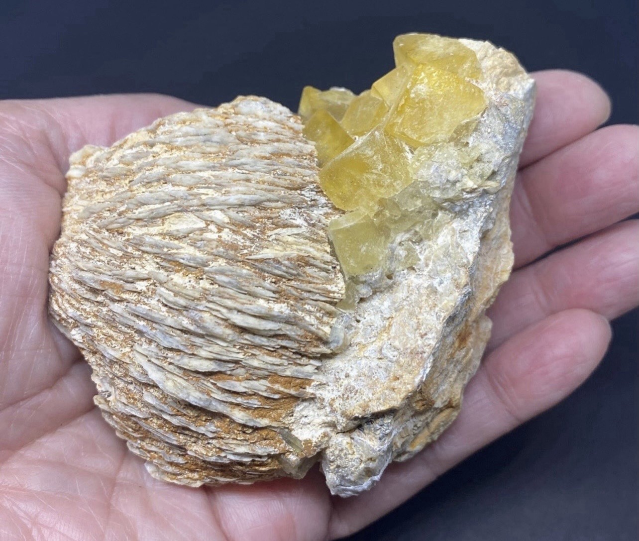 Yellow Fluorite Cubed Stone on Barite from Morocco 309g Over 3in -Fluorescent