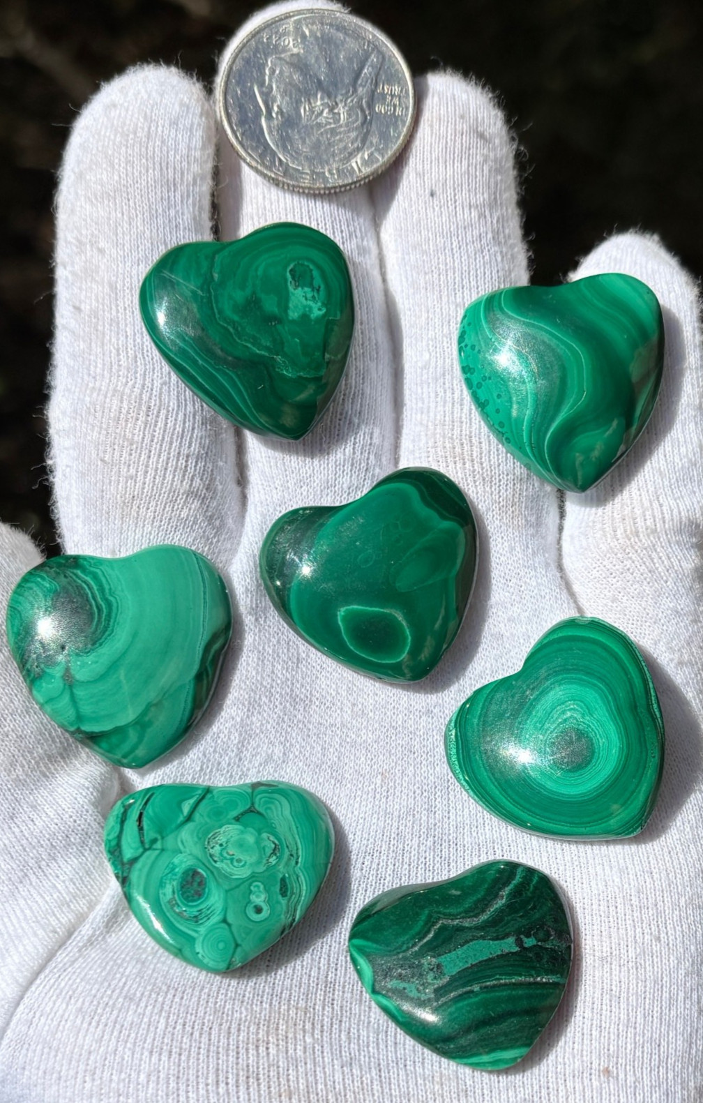 USA SALE 67g LOT 7 MALACHITE POLISHED SMALL HEARTS HEART POCKET PALMSTONE PALM