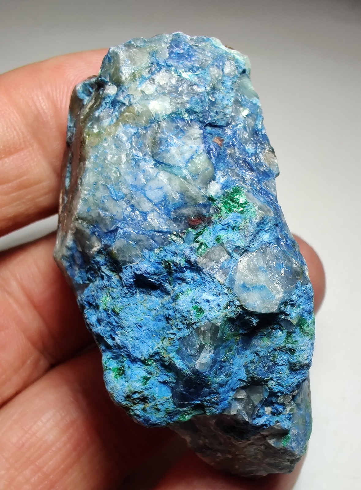Shattuckite with Dioptase, etc on Quartz. Kunene Region, Namibia. 89 grams.