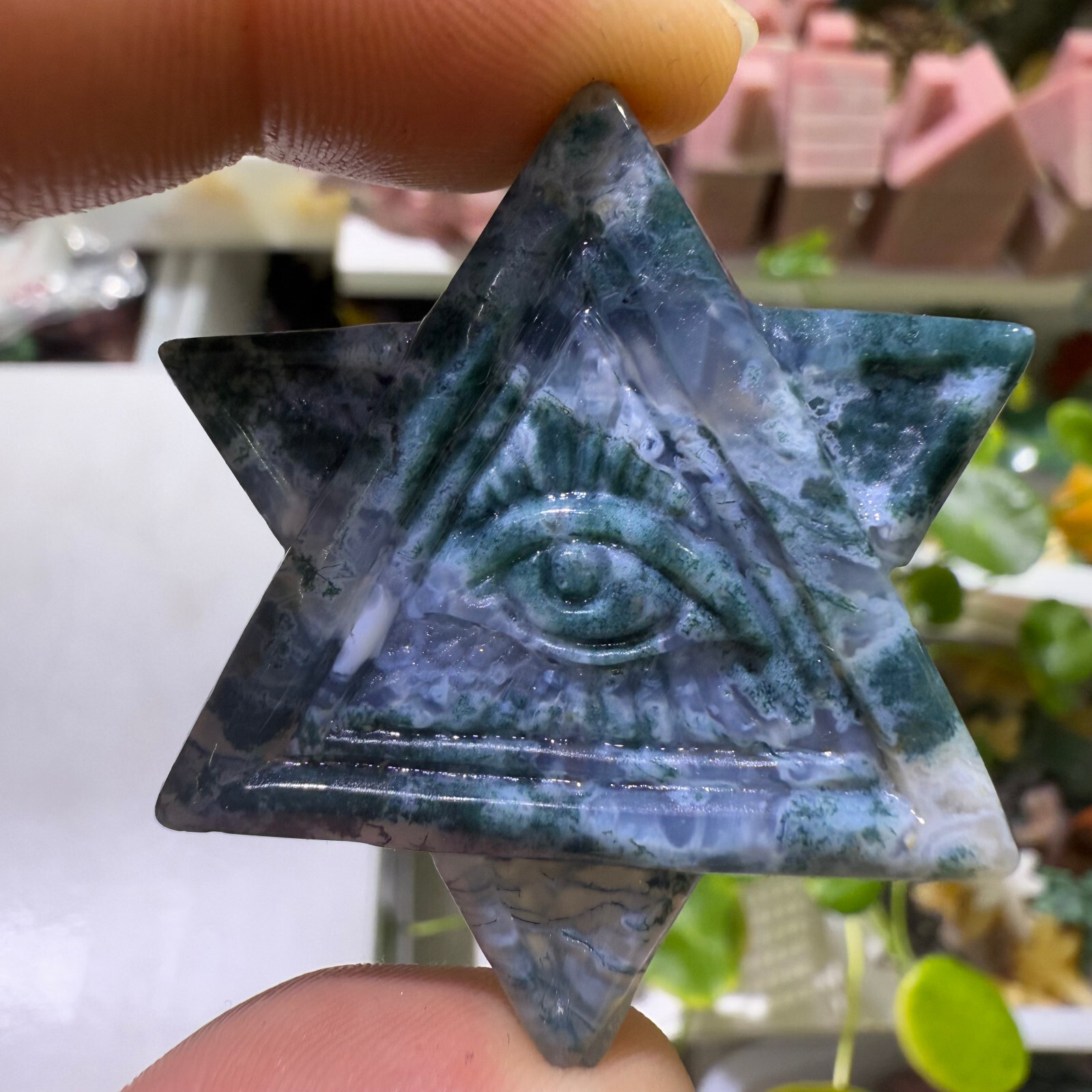 Natural Water grass agate God’s eye Quartz Crystal Carved Reiki Healing 1pc