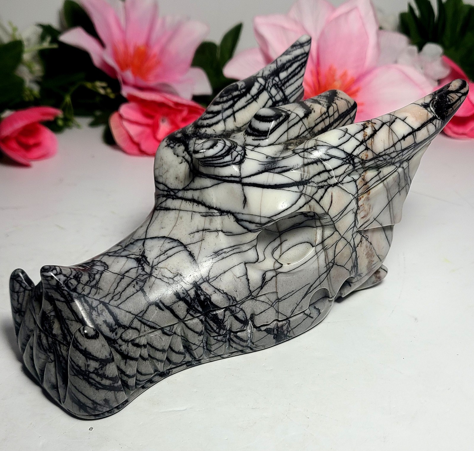 6″ 2.2 lb Elegant Picasso Jasper Dragon Head Skull Crystal Carving Stone Statue