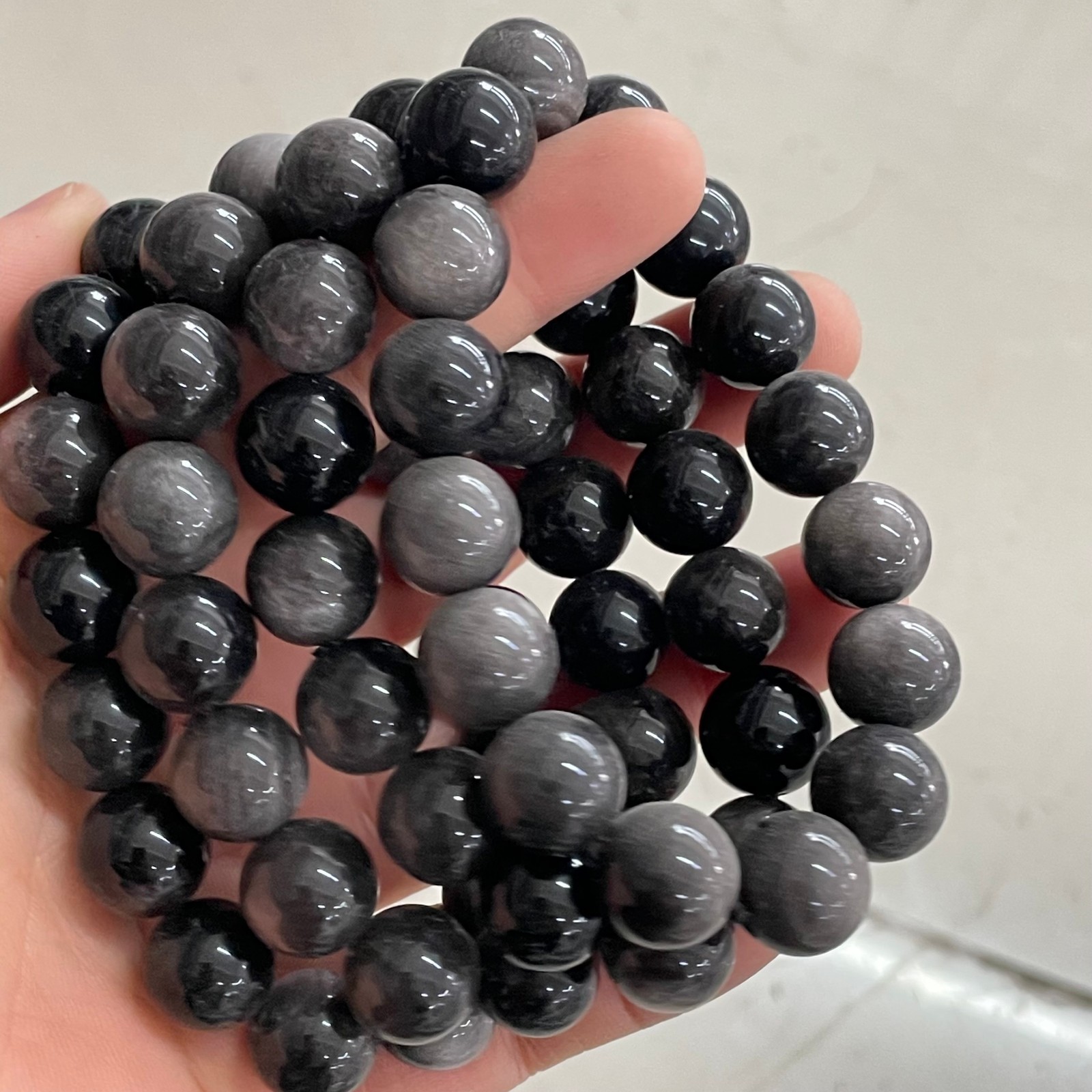 5pcs silver obsidian bead bracelet, crystal gemstone elastic bracelet Size 12mm