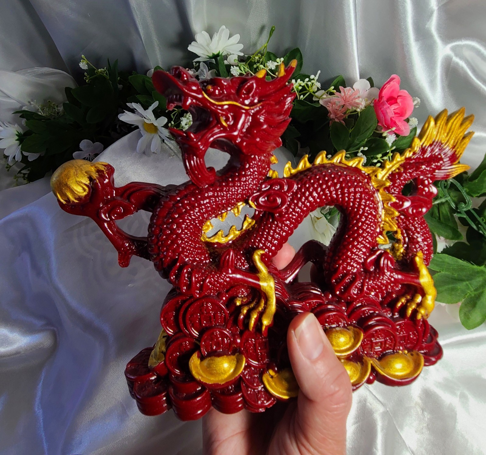 XL 9″ 2.4 lbs Genuine Cinnabar Stone Full Body Chinese Dragon Crystal Carving