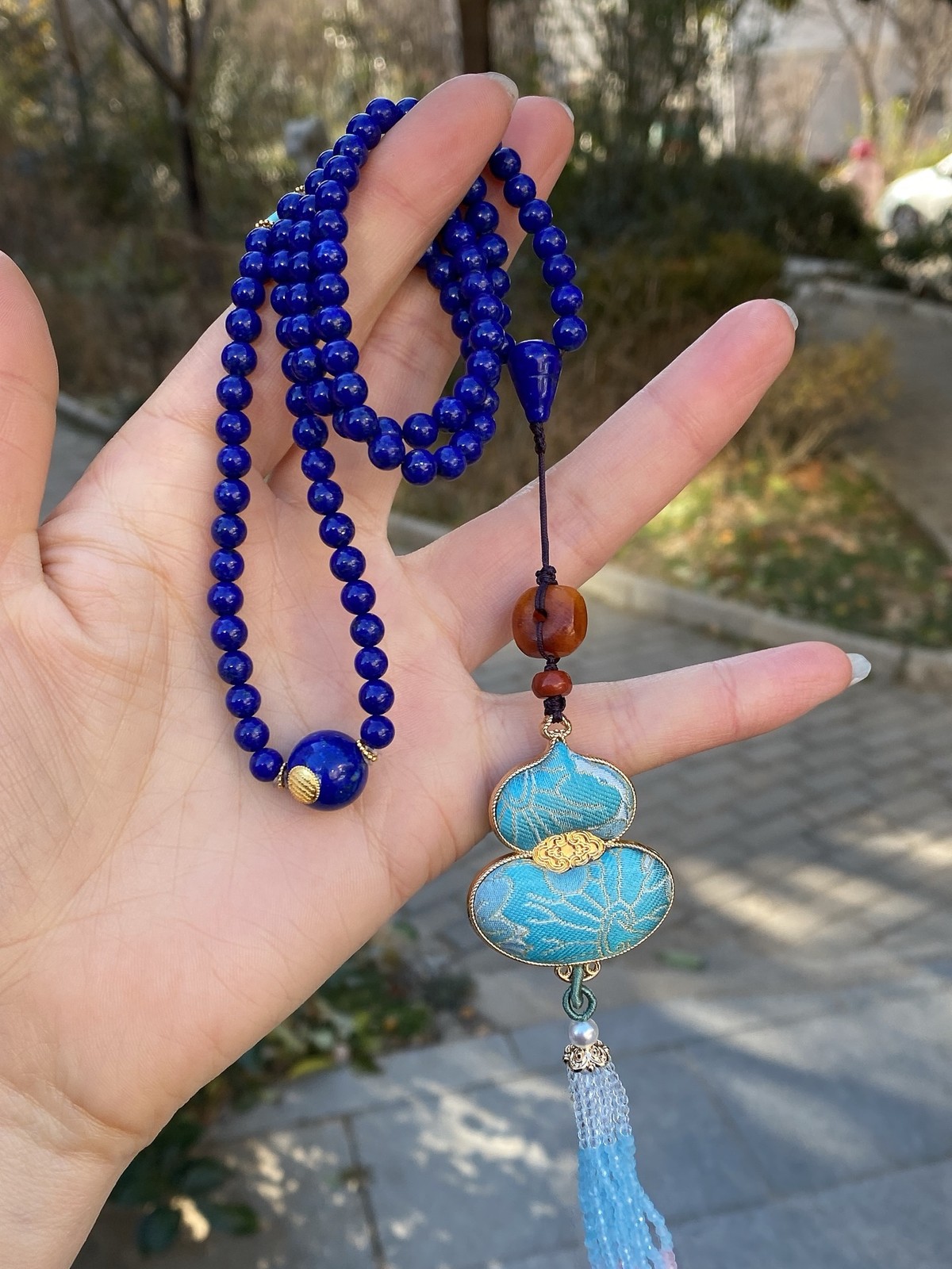Ethnic Lapis Lazuli 108 Mala Gourd Pendant Meditation Long Necklace Gift