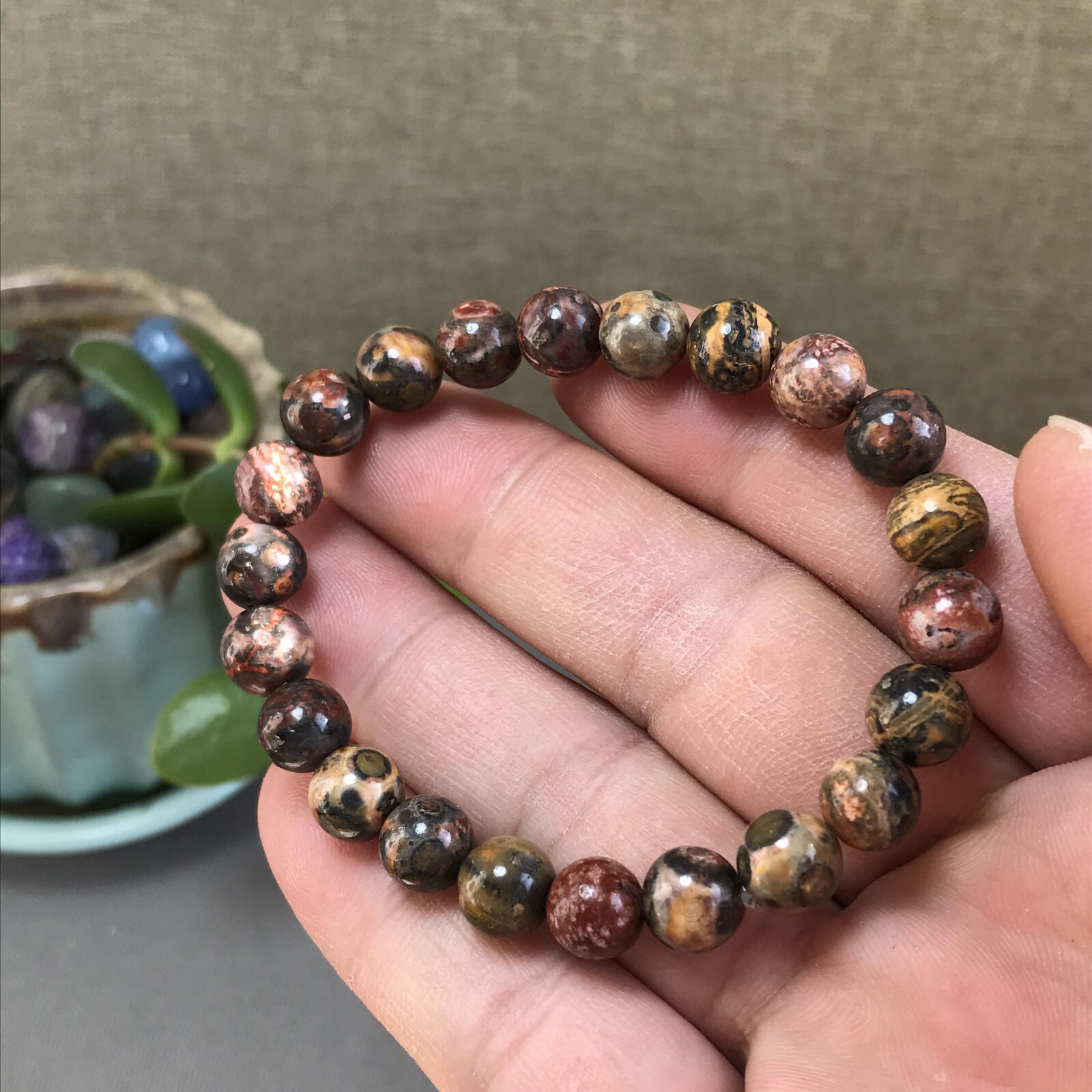 5Pcs Wholesal Natural Polish Leopard stone bracelets Crystal ball sphere 8mm