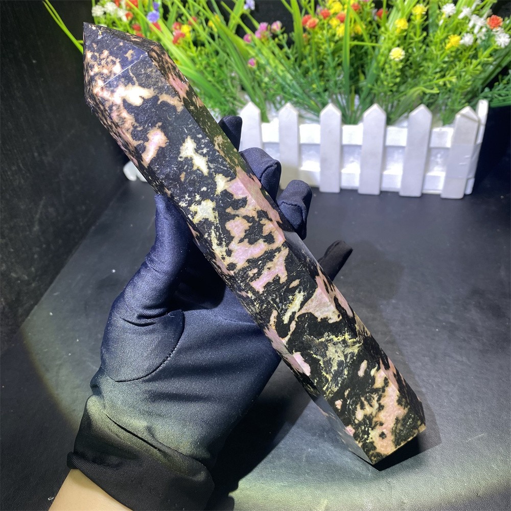1.9LB 9″Natural Unique Pink Rhodonite Obelisk Crystal Reiki Tower Heal Decor