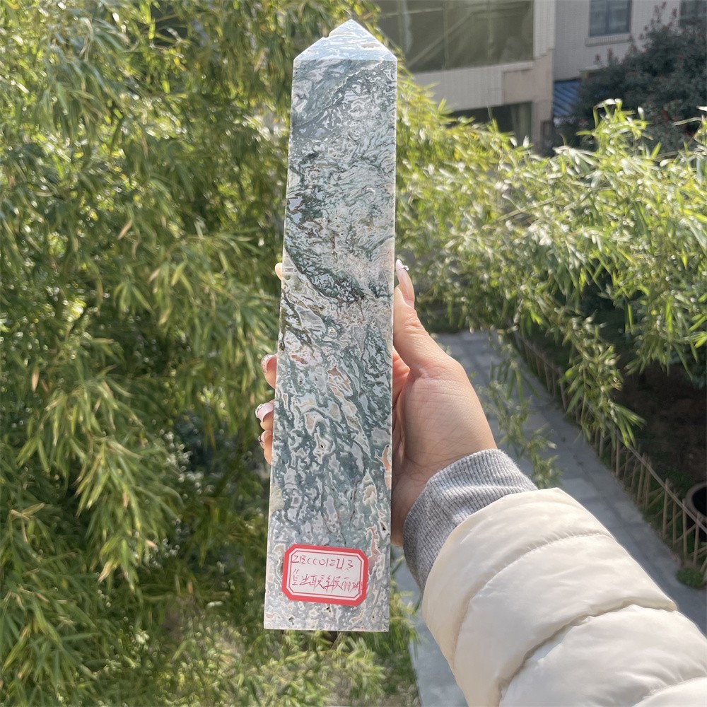 3.4LB 12.2″ Natural Moss Agate Obelisk Tower Crystal Quartz Point Mineral Reiki