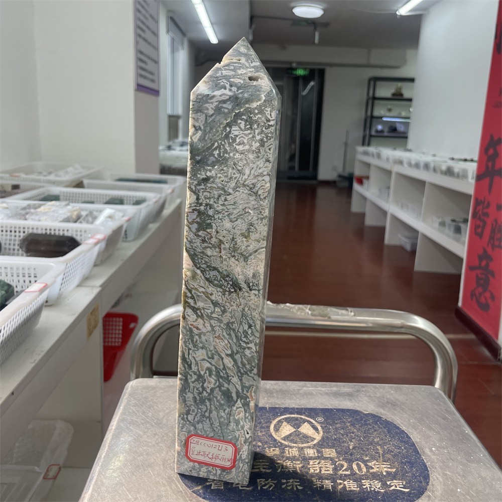 3.4LB 12.2″ Natural Moss Agate Obelisk Tower Crystal Quartz Point Mineral Reiki