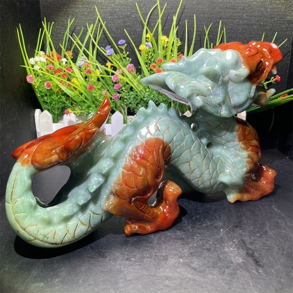 7.4LB 11″ Natural Xiuyan Jade Dragon Decor Crystal Healing Energy Carving Statue