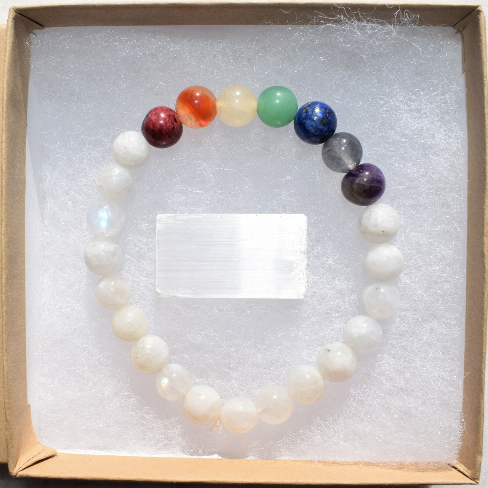CHARGED Moonstone & 7 Chakra Crystals Stretchy Bracelet + Selenite Puffy Heart