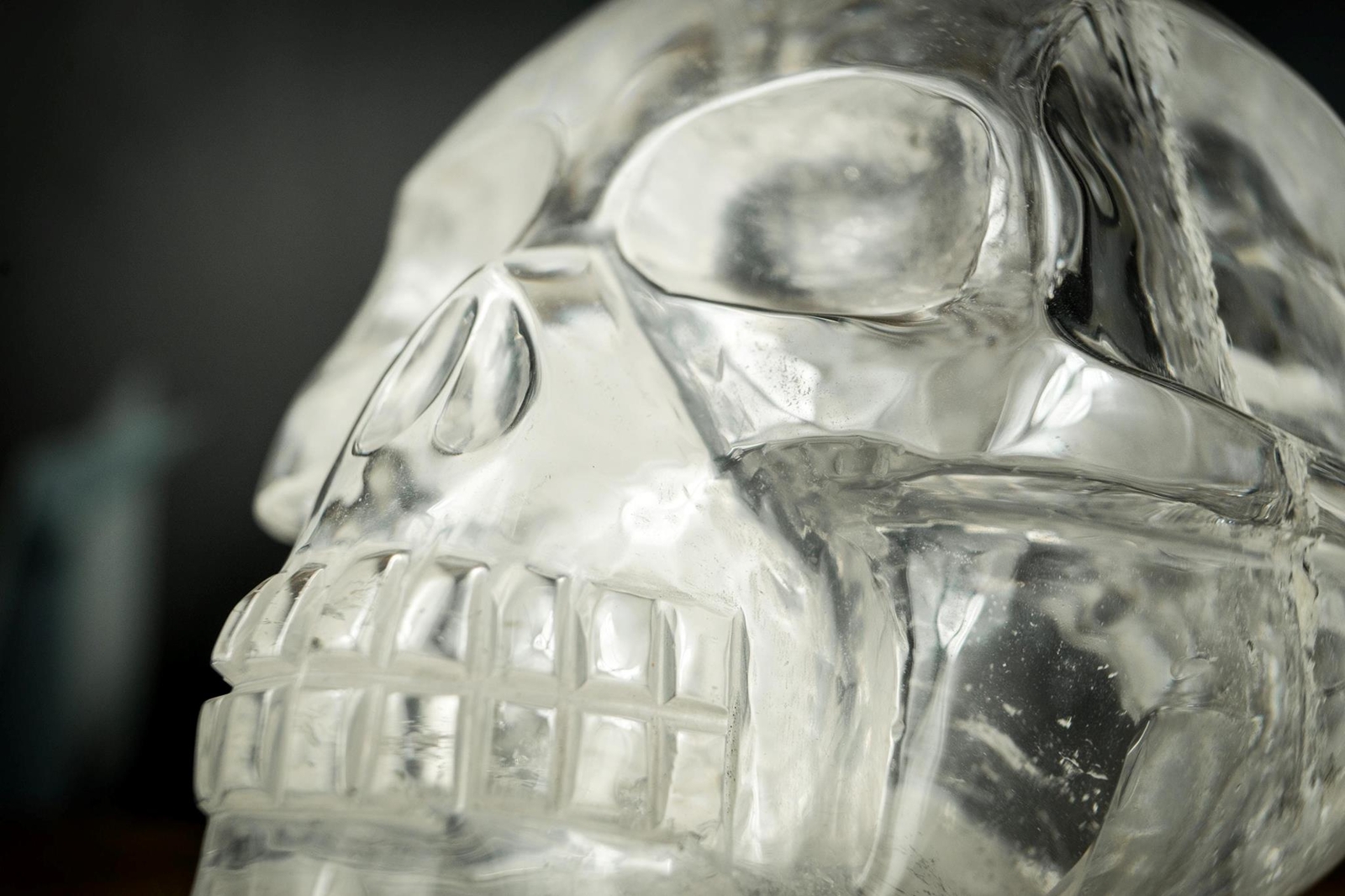 5.2 Lb. Clear Crystal Quartz Skull, Hand Carved Human Skull on Diamantina Quartz