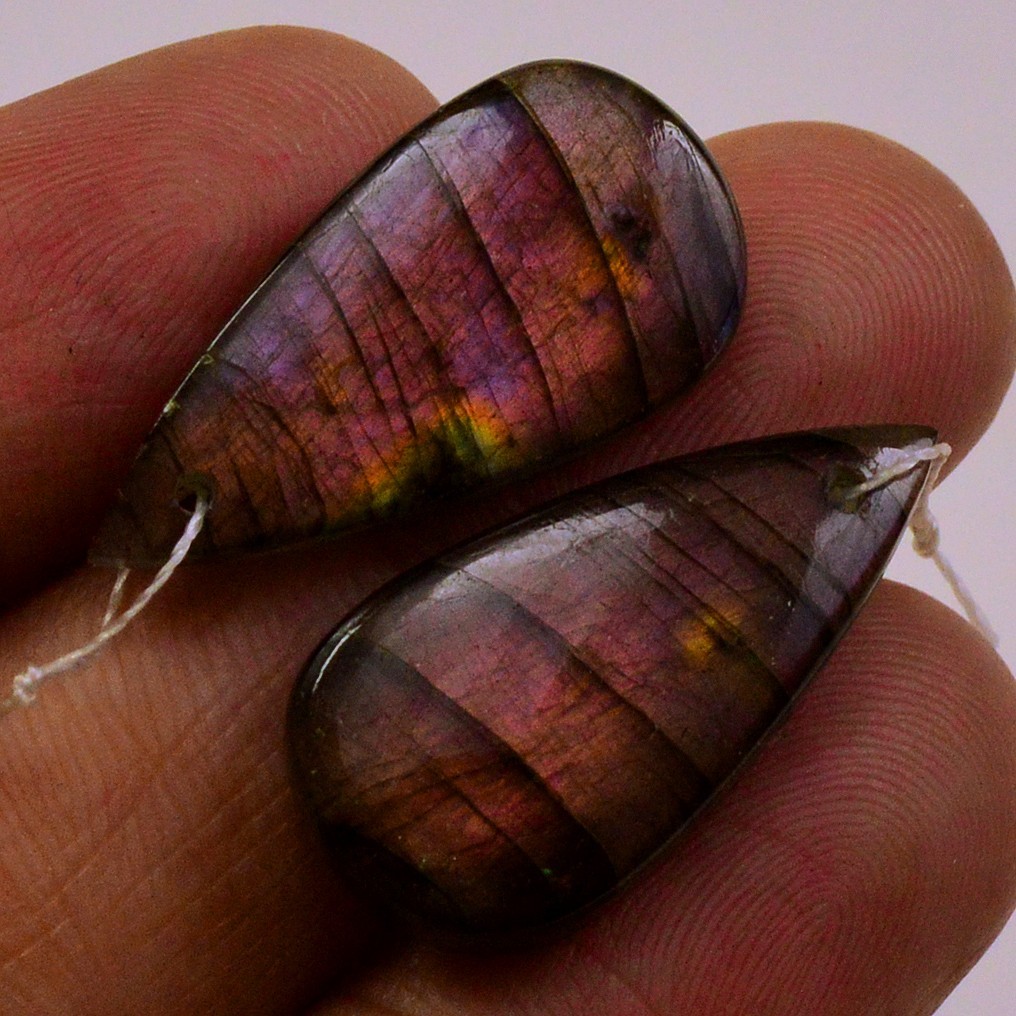 24Cts Natural Labradorite Gemstone Cabochon Front Drill Earrings 22x10mm #P3182