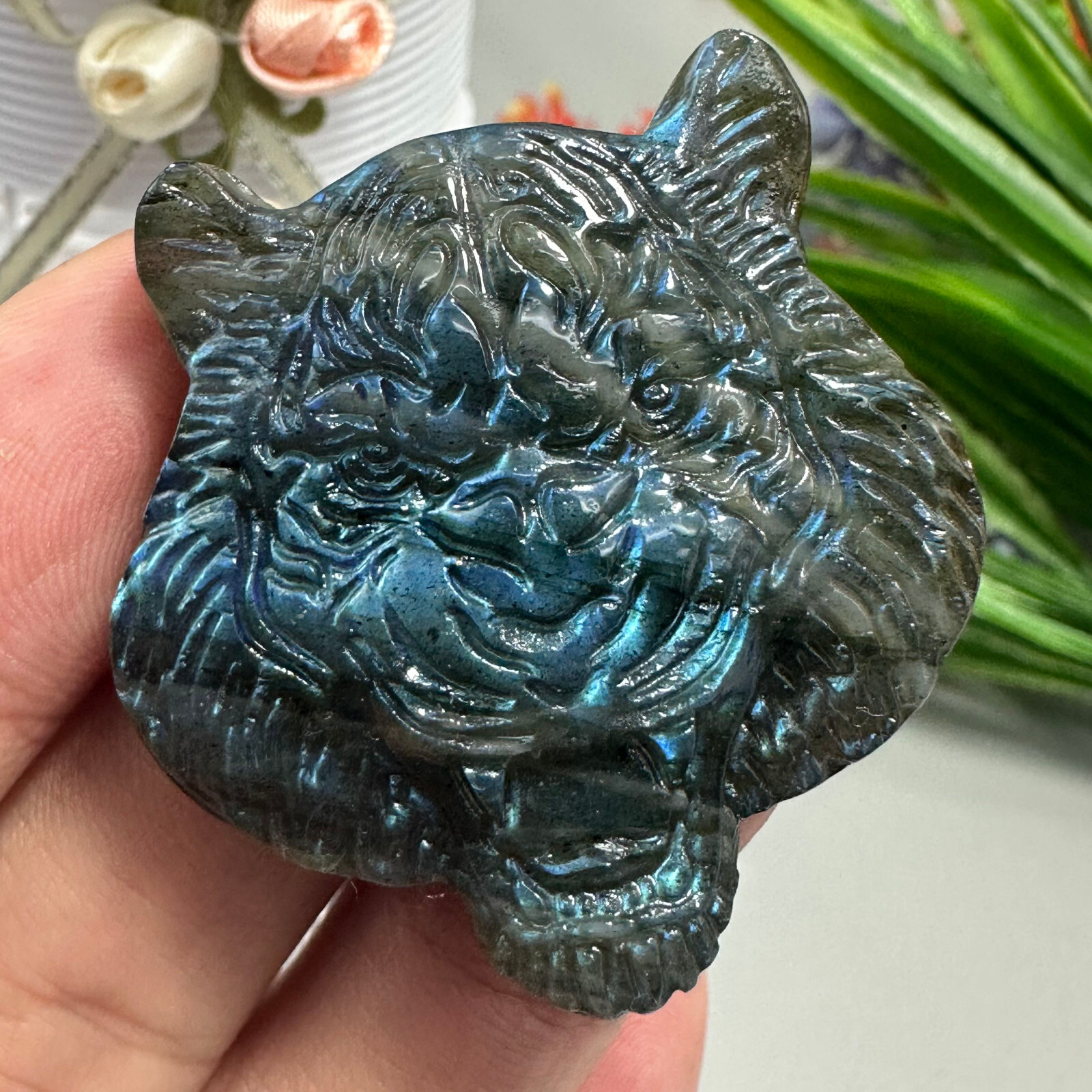 Natural Labradorite Carved Tiger Skull Quartz Skull Crystal Specimen Reiki Heal