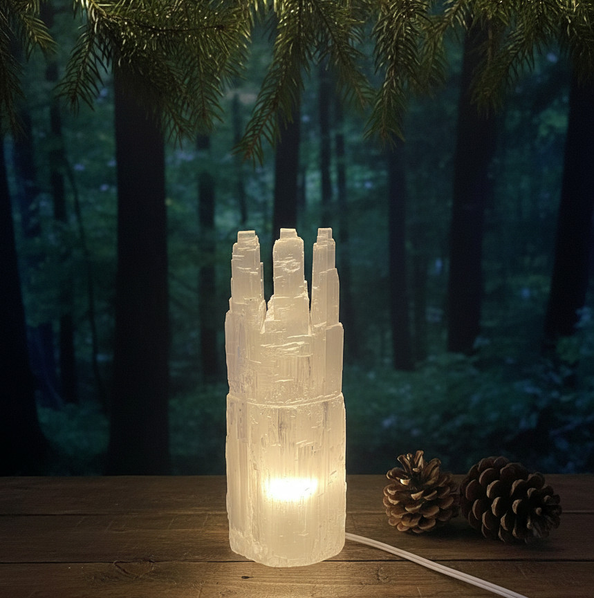 XX-LARGE SELENITE CRYSTAL TRIPLE TOWER LAMP – STANDING DISPLAY HEALING CRYSTAL