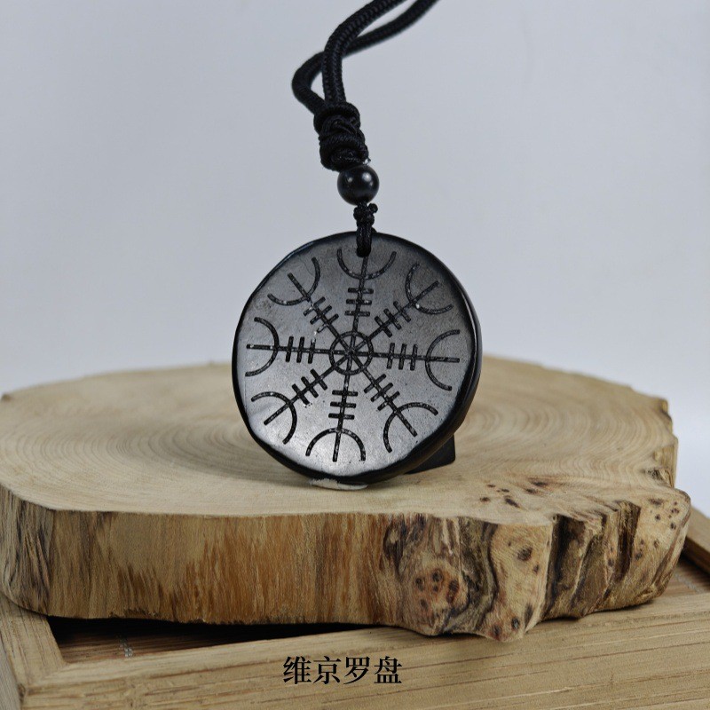 Shungite black natural stone circular pendant carved with retro totem pendant