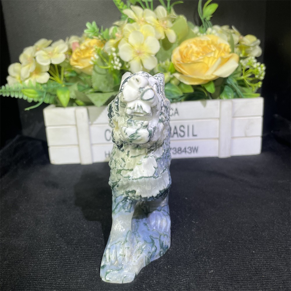2.7LB 7.8″ Natural Moss Agate Wolf Statue Carving Crystal Heal Carved Decor