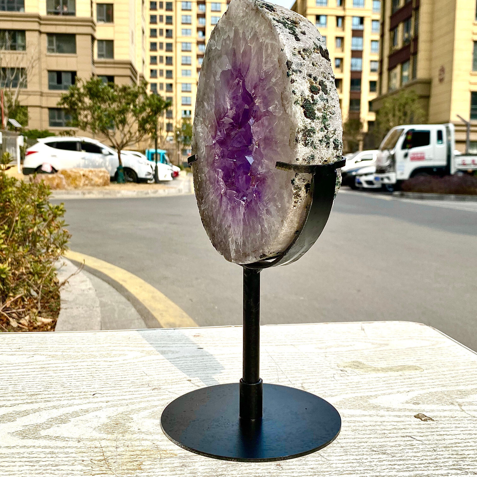 4.29LB Natural Amethyst Cave Crystal Slice Crescent shaped Hand Cut Repai