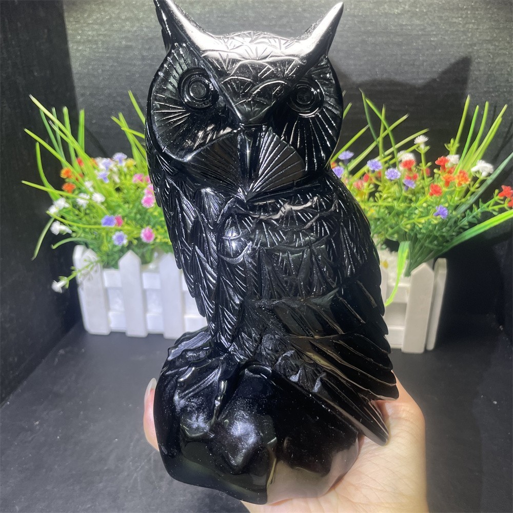 5LB 8.2″Natural Black Obsidian Owl Crystal Healing Decor Ornament Hand Carved