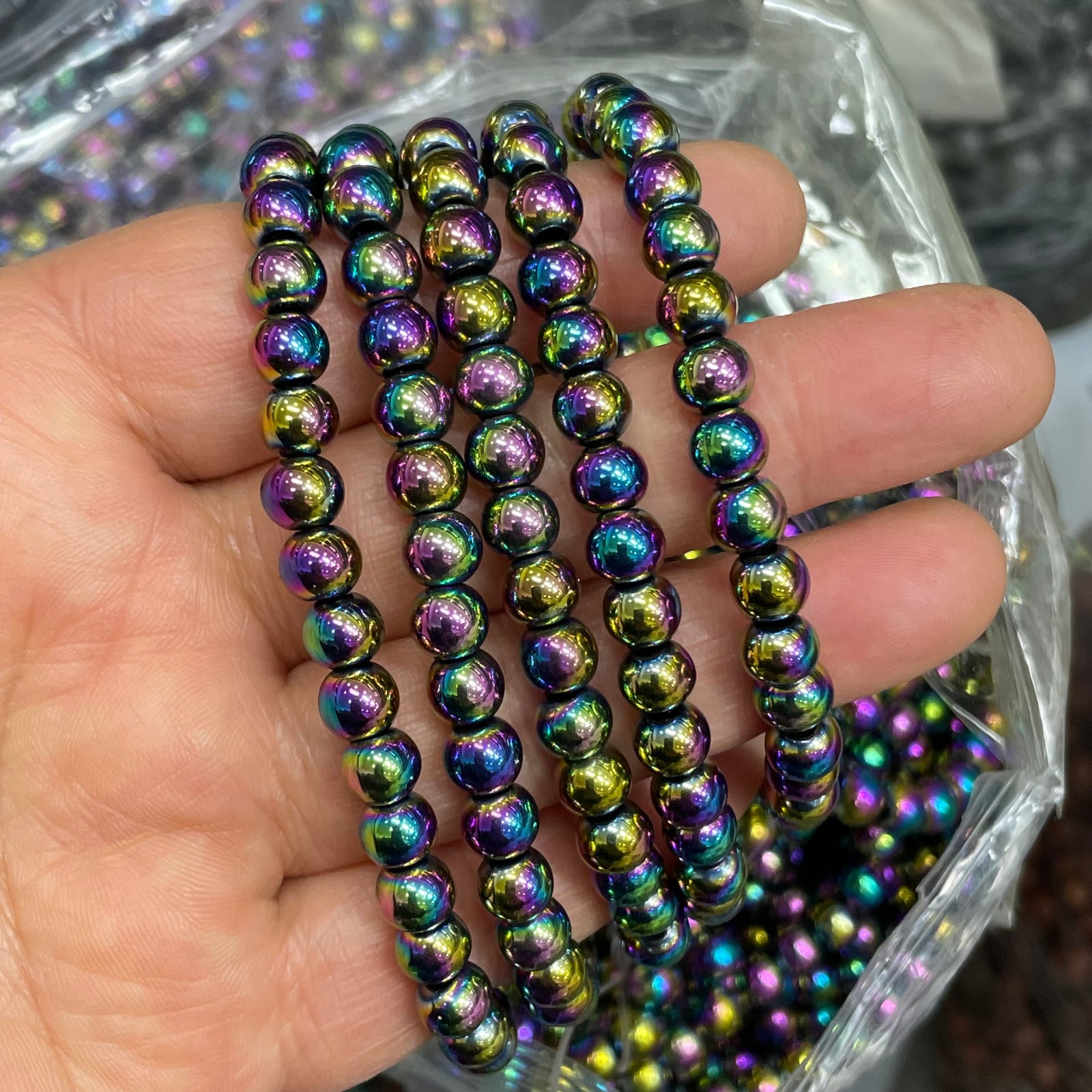 6mm 10pcs Wholesale Rainbow Hematite Beaded Stretch Bracelet