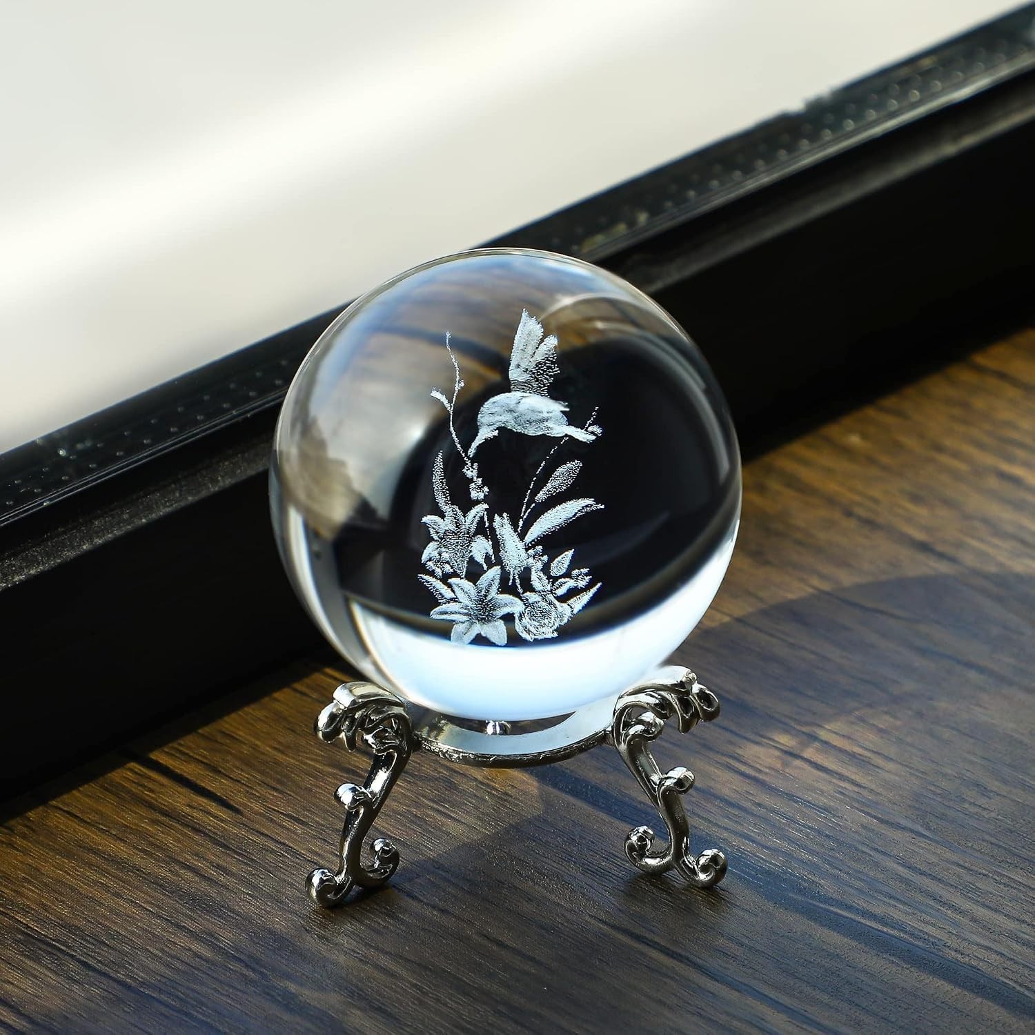 Feng Shui 60mm Hummingbird Crystal Ball Paperweight with Metal Stand – Gift Idea