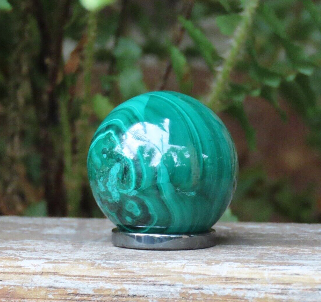 A Grade Polished Rare Malachite Green Crystal Mineral Sphere With Ring 76 Grams