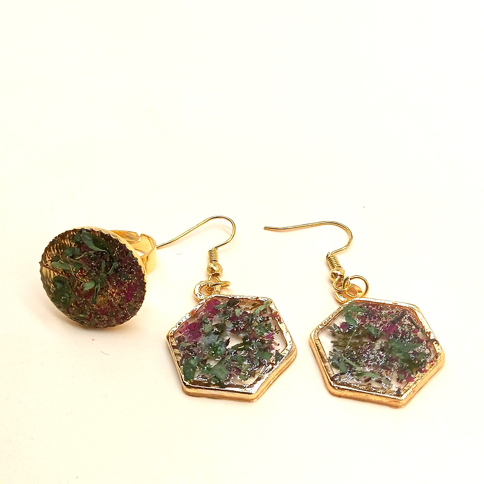 Hexagonal Botanical Resin Jewelry Trio