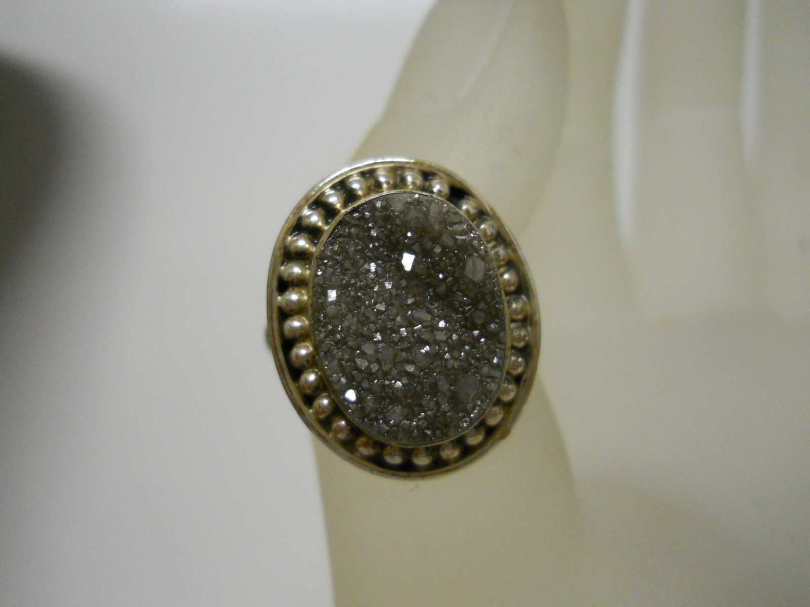 Sterling Silver Gray 16.5mm Druzy Ring Crystal Size 8 Gemstone Jewelry #750