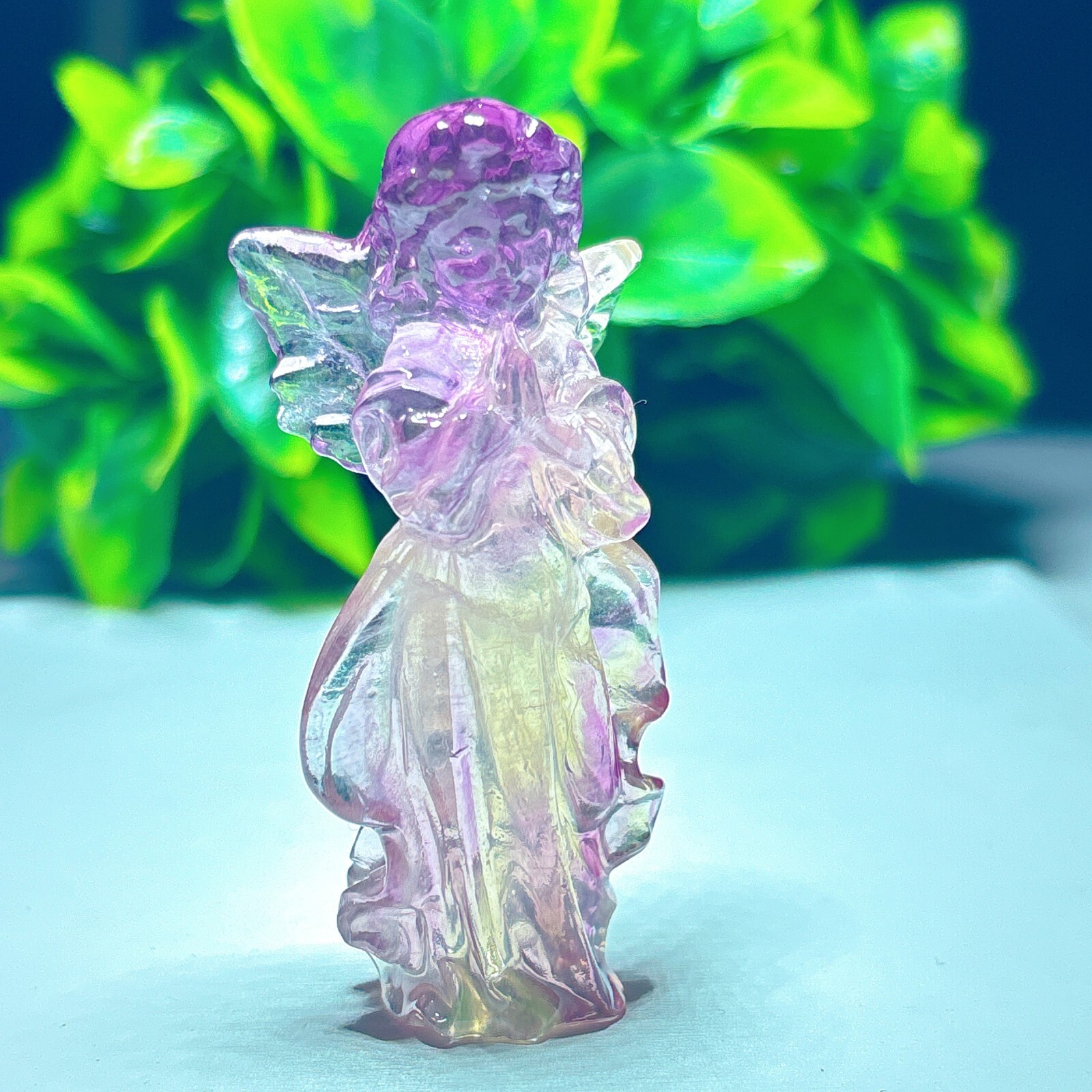 1PC Natural rainbow fluorite carving angel quartz crystal healing gift