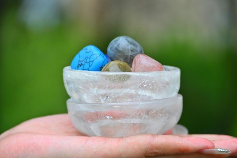 3″ Clear quartz carved bowl Natural Crystal decor Reiki ornament Heal Gift 1pc