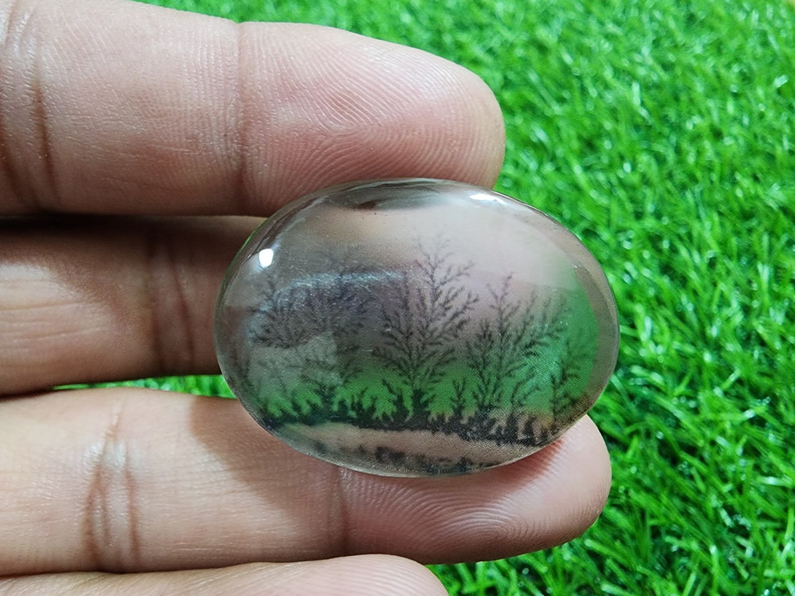 Pretty Dendritic Agate 64Crt Oval Cabochon Scenic Landscape Pendant Gemstone
