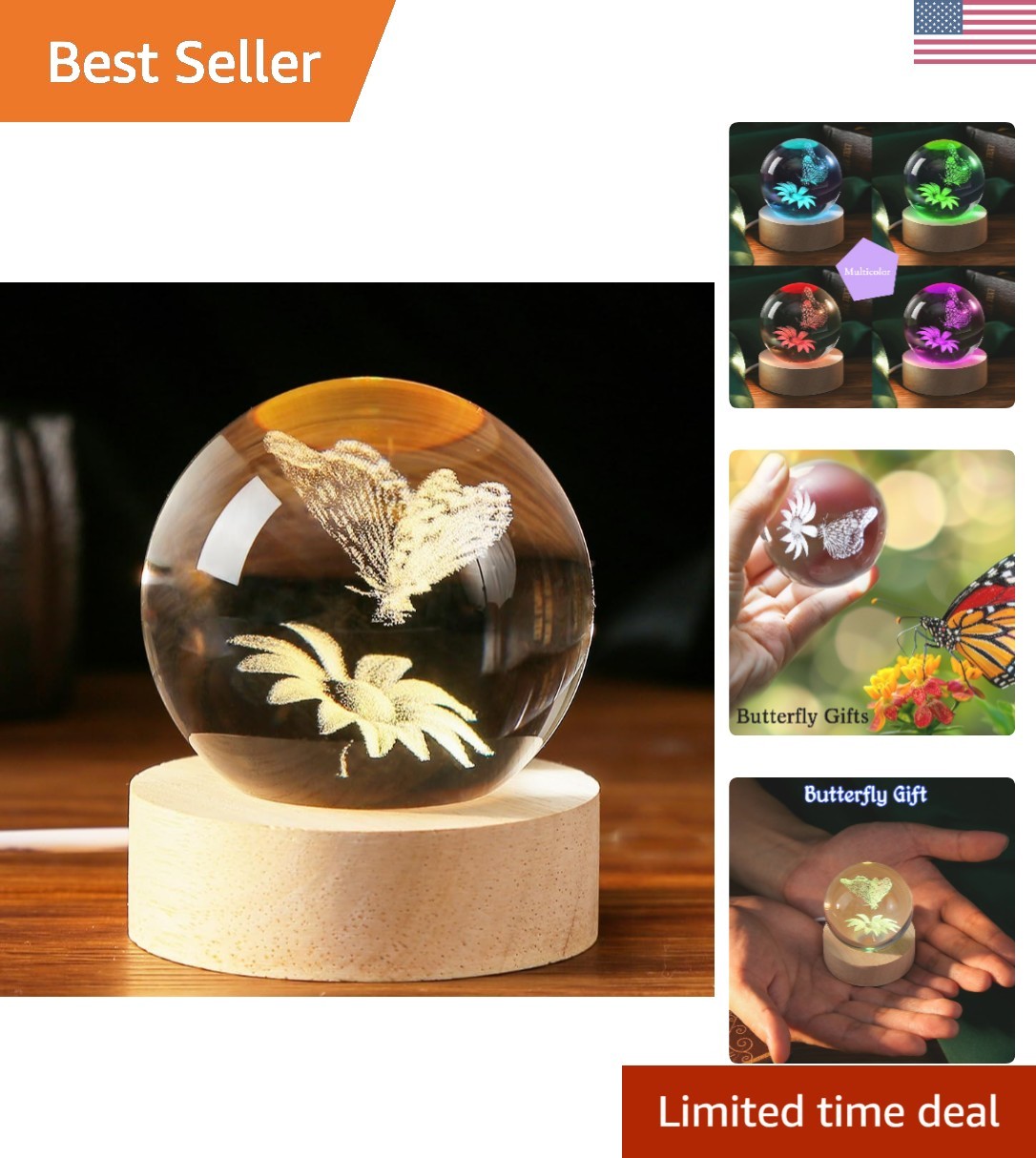 Beautiful Butterfly and Sunflower Crystal Ball 60mm – Multicolor Table Lamp