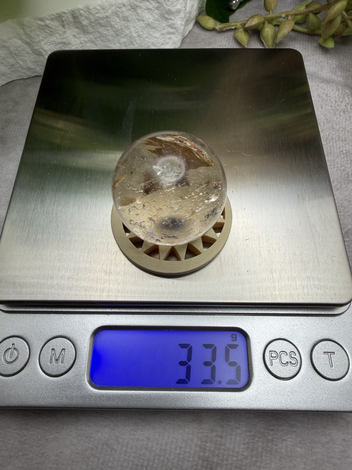 Crystal 28mm Quartz W/ Red Clay Inclusions W/stand Sphere Orb Ball Globe Mineral