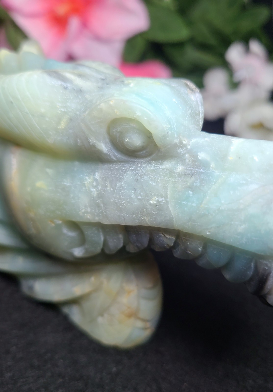 5.2″ 422g Blue Caribbean Calcite Dragon Head Crystal Skull Stone Carving Statue