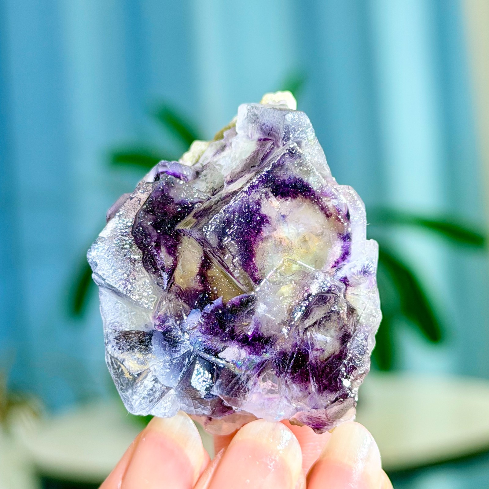 68G Rare Transparent Purple Cubic Fluorite with Calcite Crystal Mineral Sample