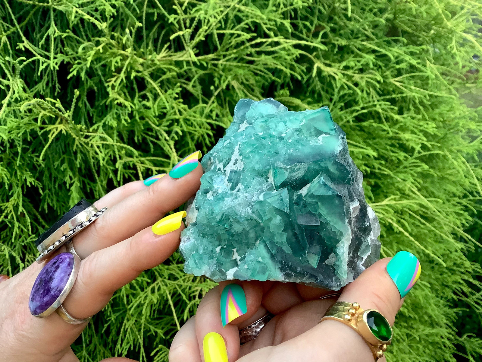Green Fluorite Crystal Cluster ~ Large 14.9 oz. ~ 3″ Long ~ White Feldspar incl