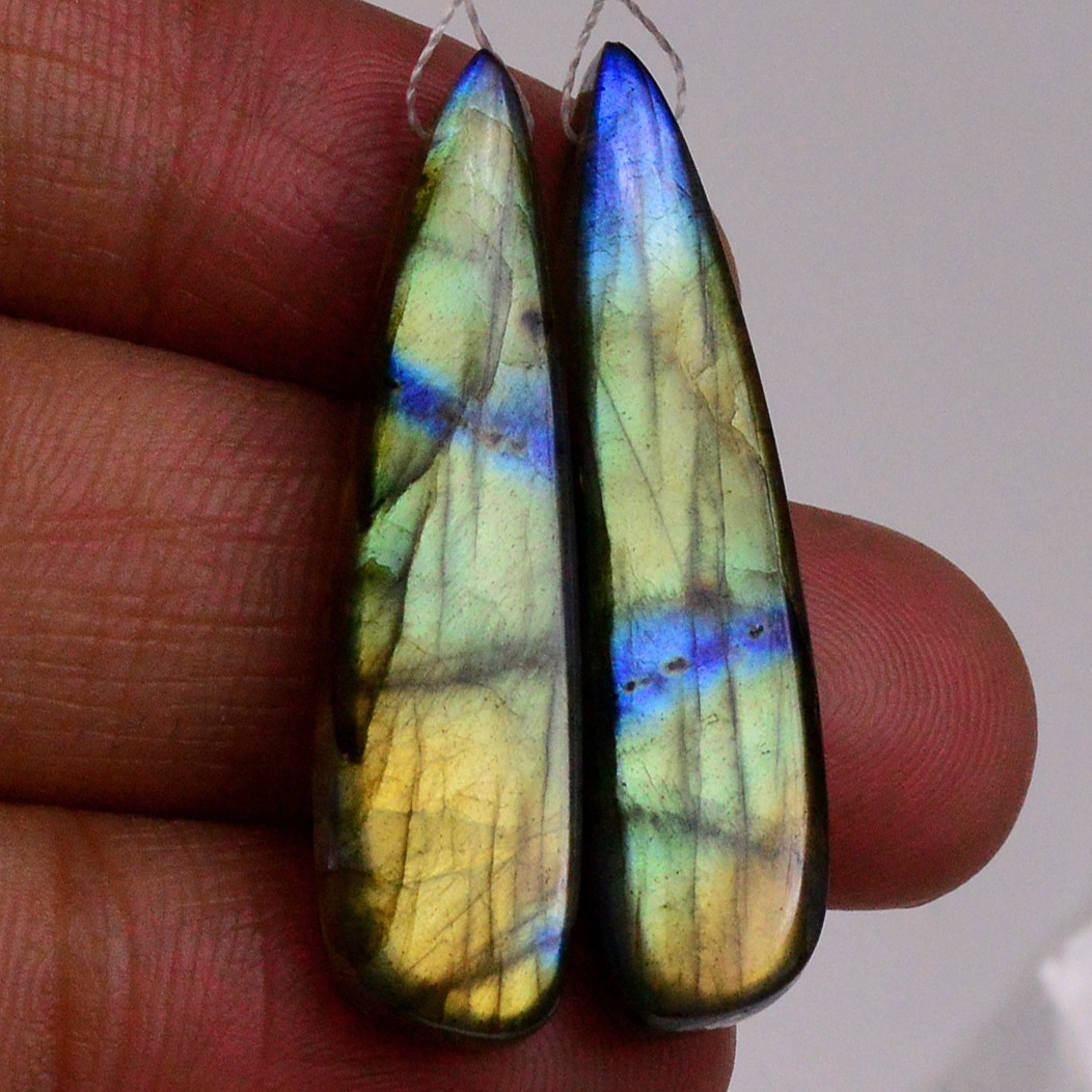 32Cts Natural Labradorite Gemstone Cabochon Side Drill Earrings 34x6mm #P2780