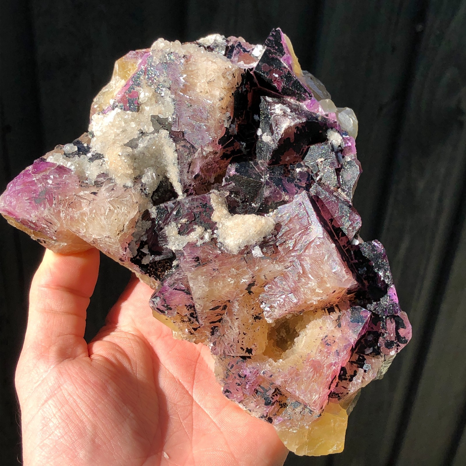 15.6cm Fluorite Crystals with Bitumen Calcite from Cave-in-Rock, Illinois, USA