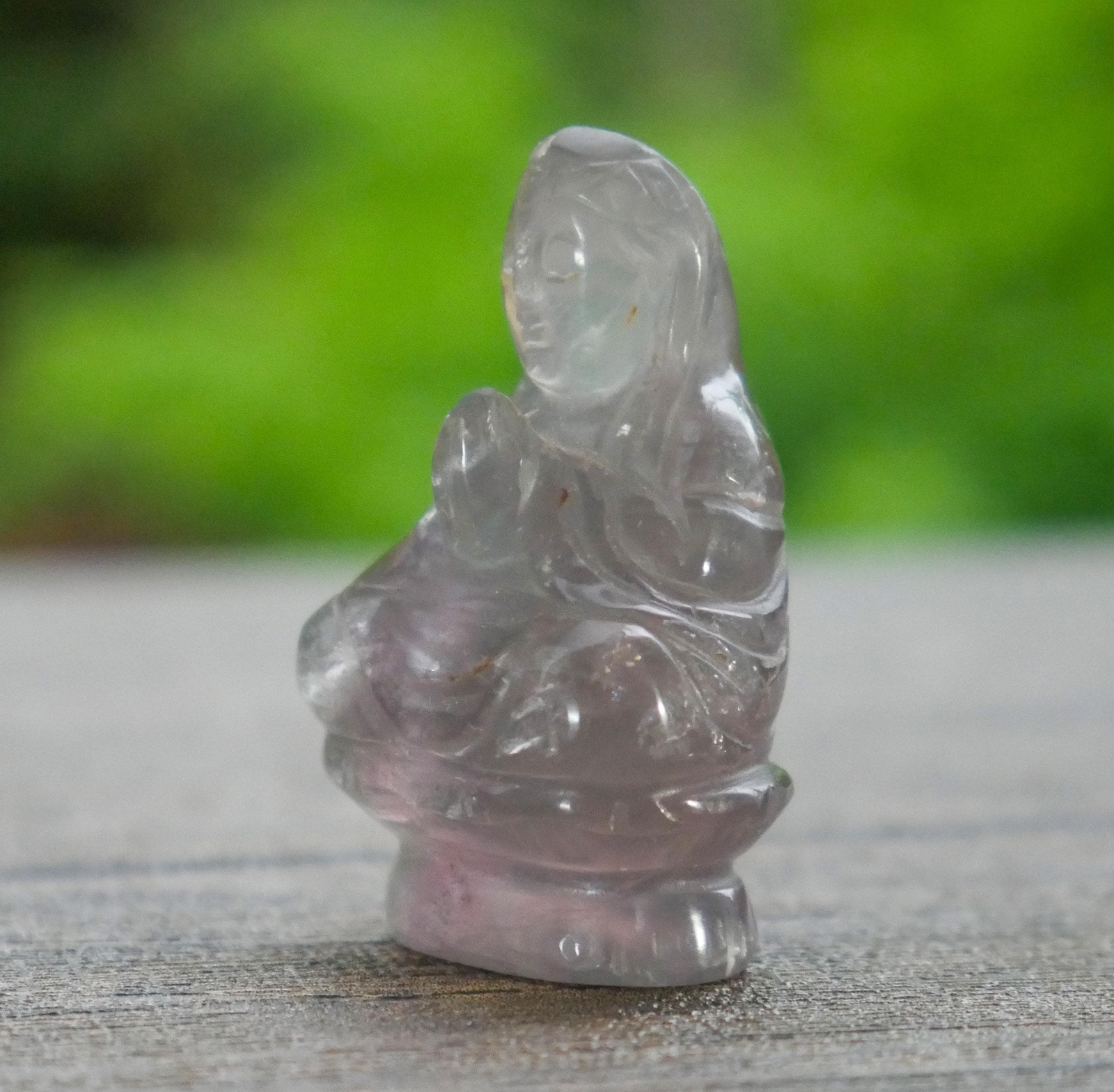 Chinese Carved Rainbow Fluorite Stone Guanyin Buddha Pocket Statue – 1.75″ Tall