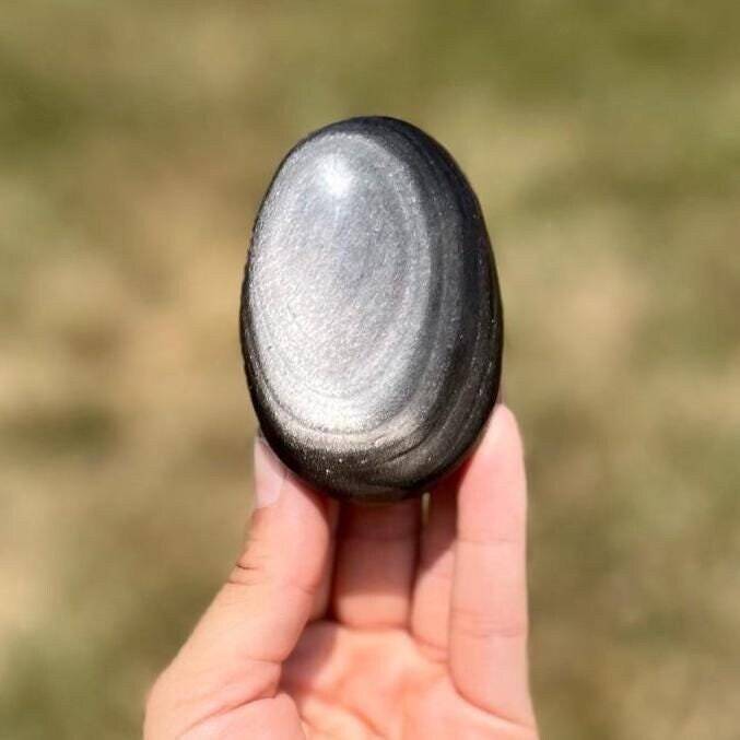 Silversheen Obsidian Palm Stone, Natural Silver Sheen Obsidian from Mexico