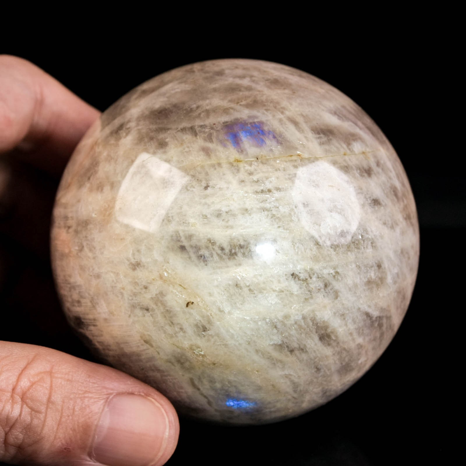 2.8″ 1.07LBS Moonstone Sphere Natural Blue Flash Crystal Ball Mineral Specimen