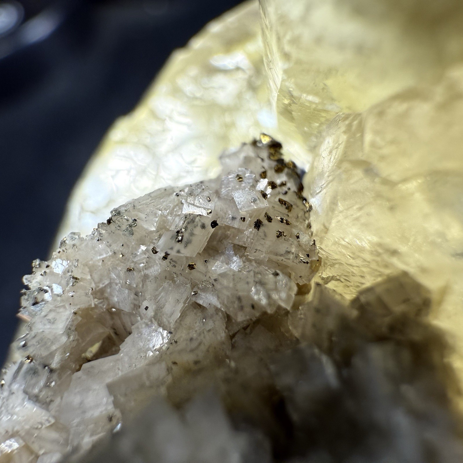 Golden Calcite Crystals on Chalcopyrite Dolomite Pyrite Matrix / Missouri