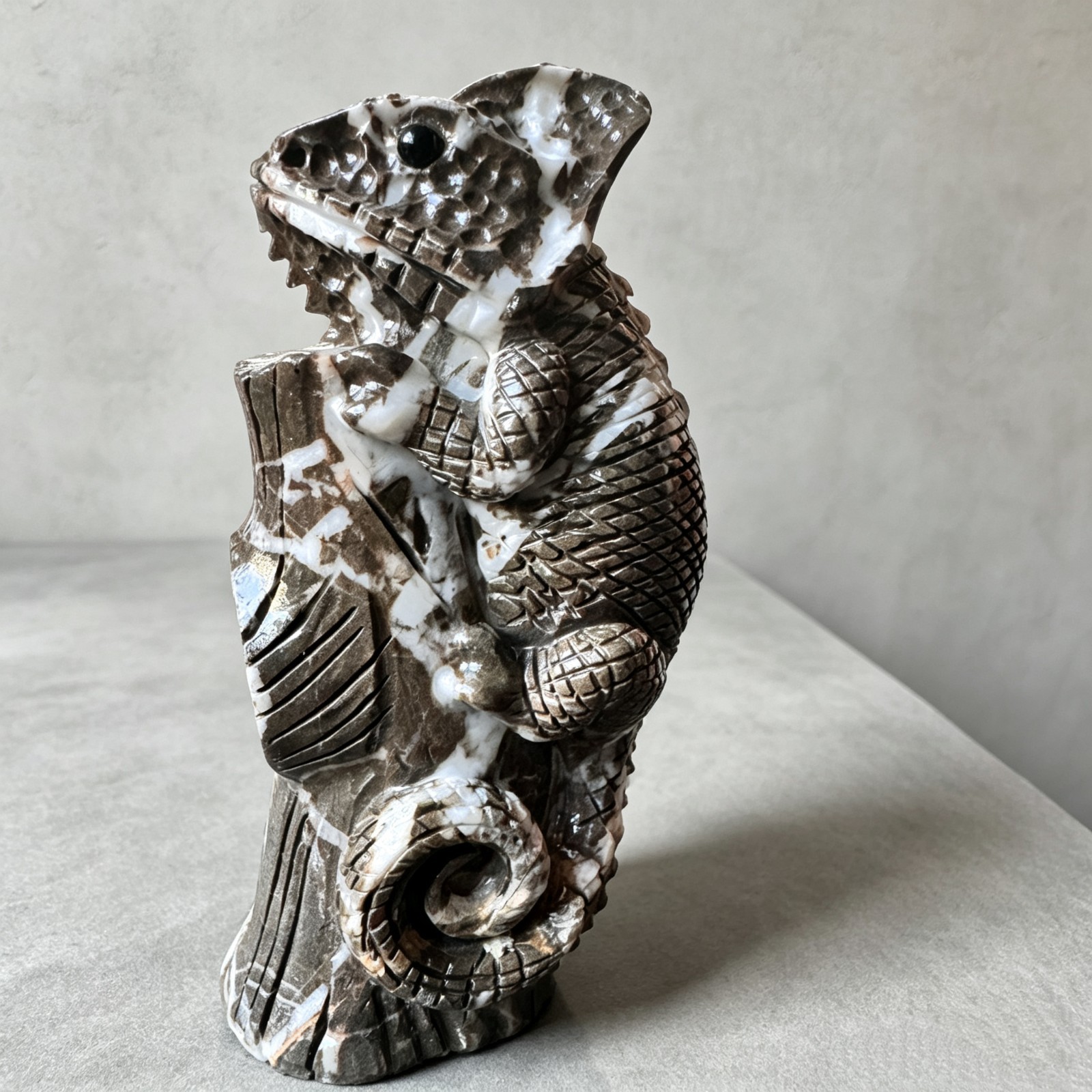 Hand Carved Natural Chocolate Stone Chameleon Figurine, Collectible Desk Decor