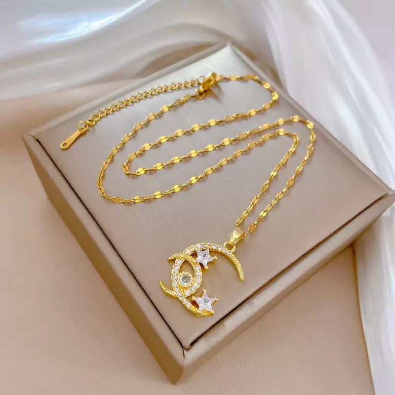 Fashion Jewelry Gold Cubic Zircon Crescent Moon And Stars Pendant Necklace 1PC