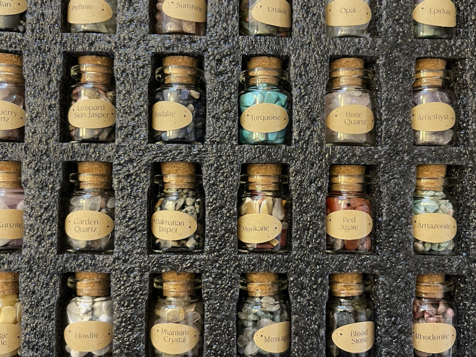 55 Piece Mini Crystal Set With 48 Different Gemstone Bottles and 7 Stones