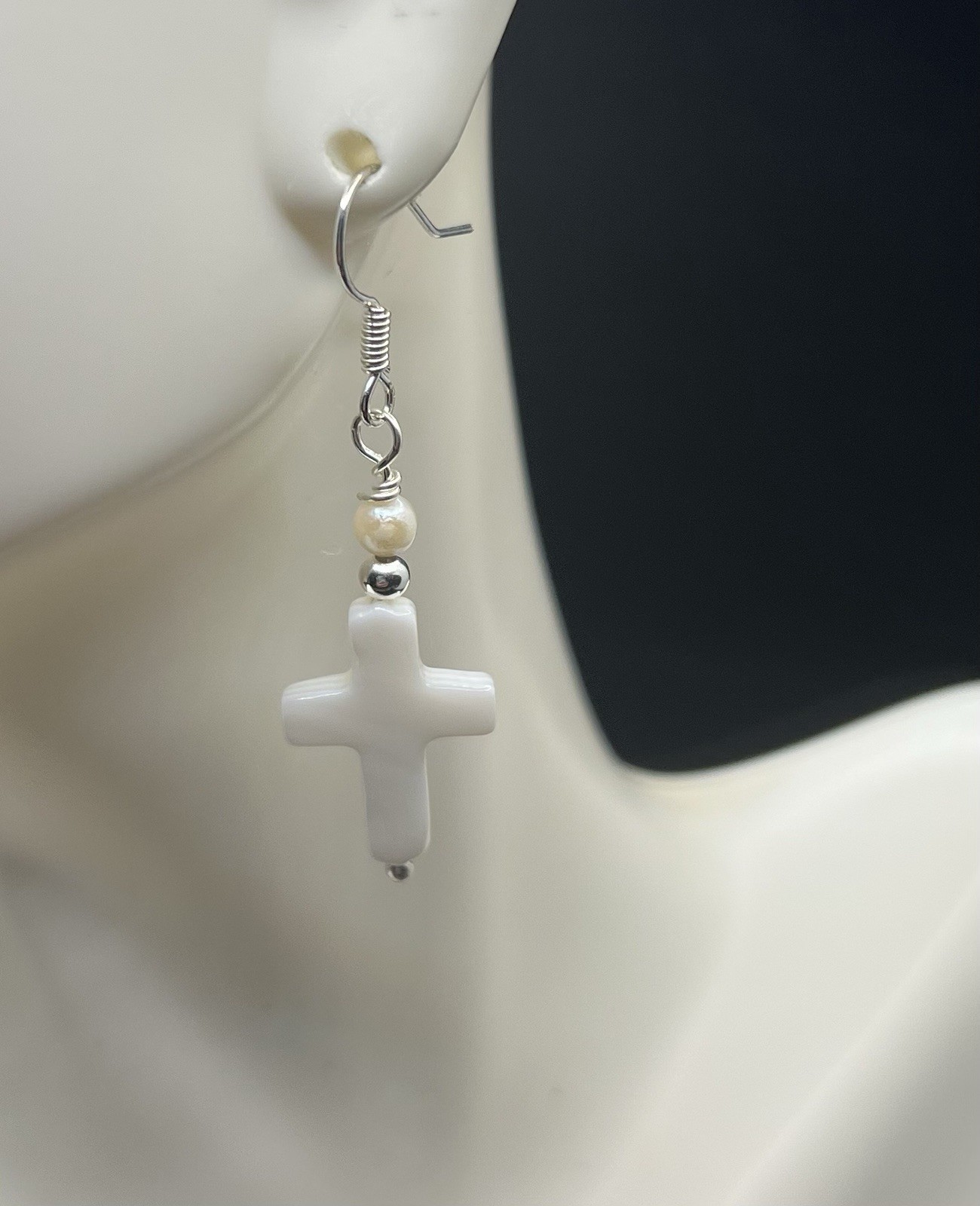 Genuine Cross Shaped Shell & Freshwater Pearl Handmade Earrings