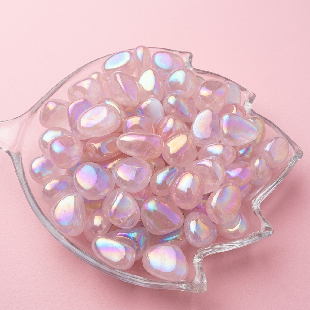 2PC Angel Aura Rose Quartz Tumbled Stones Natural Pink Aura Coated Healing Gift