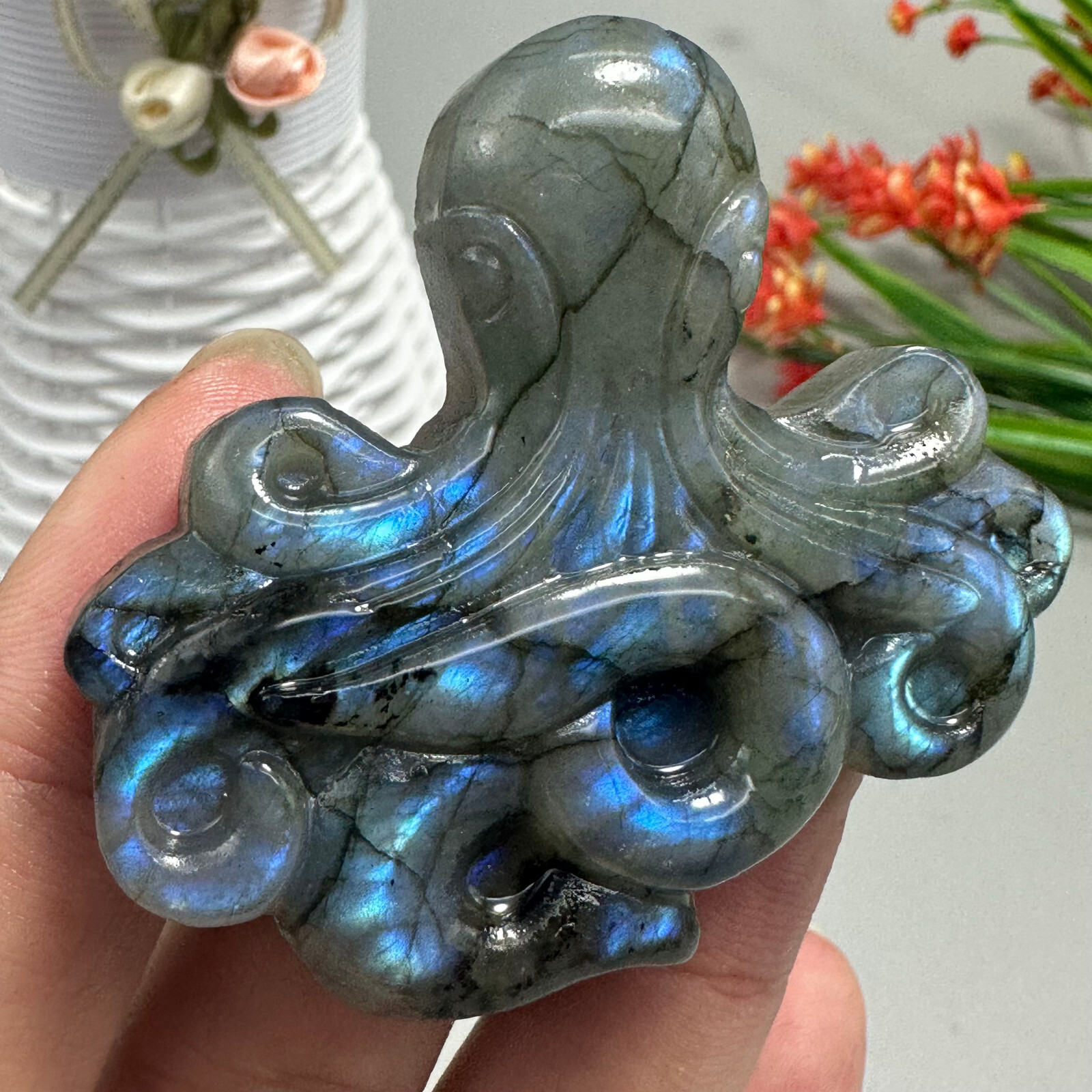 Natural Labradorite Carved OCTOPUS Quartz Skull Crystal Specimen Reiki Healing